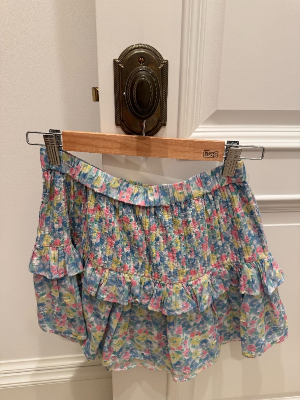 LoveShackFancy Floral Tiered Mini Skirt in Blue and Pink